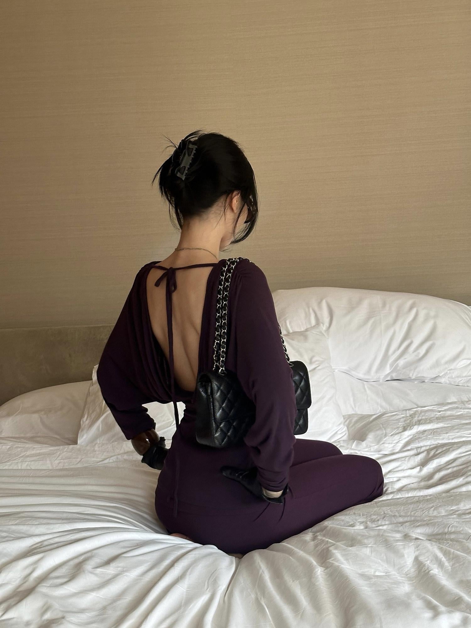 rovente Lyocell Wool Knit Slim V-neck Casual Women Purple Black Top & Pants Sets