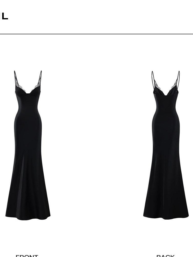 rovente Elegant Lace Slim V-neck Spaghetti Strap Fitted Zipper Acetate Black Maxi Desses