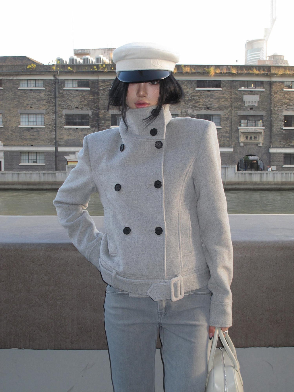 rovente Wool Blend Warm Minimal Loose Commuter Double Breasted Stand Collar Shot Coat