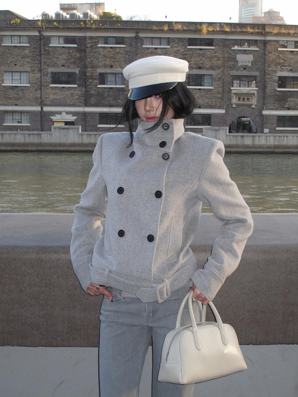 rovente Wool Blend Warm Minimal Loose Commuter Double Breasted Stand Collar Shot Coat