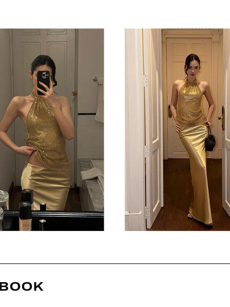 rovente test Gold 3D Embellished Slim Elegant Womens Party Travel Polyester Halter Crop Tops