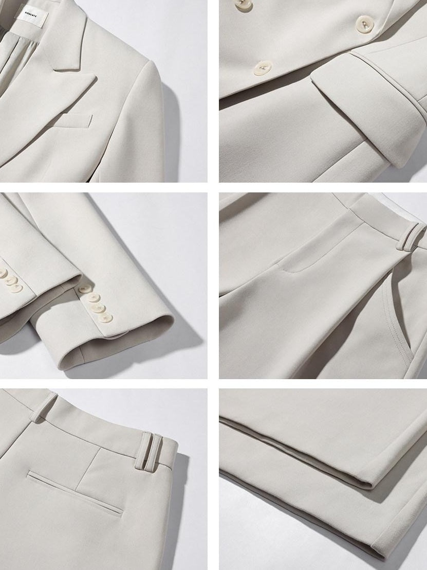 rovente Relaxed Pocket Double Breasted Notch Lapel Women Office White Top & Pants Sets