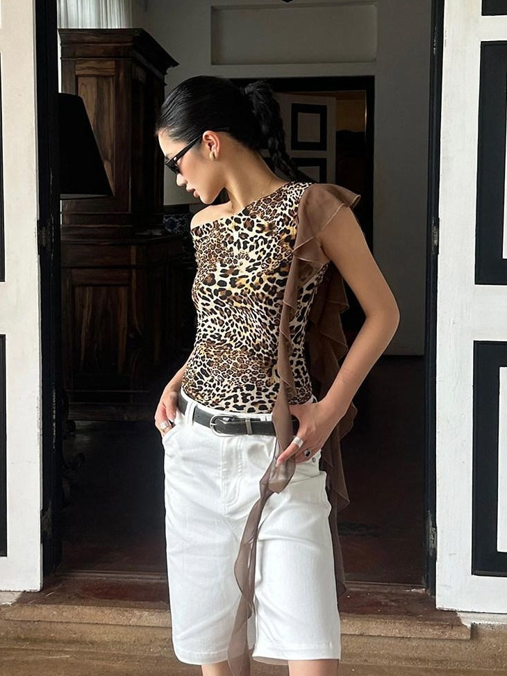 rovente Stretch Polyester Edgy Slim Cropped Asymmetric Leopard Print Shot Sleeve T-Shits
