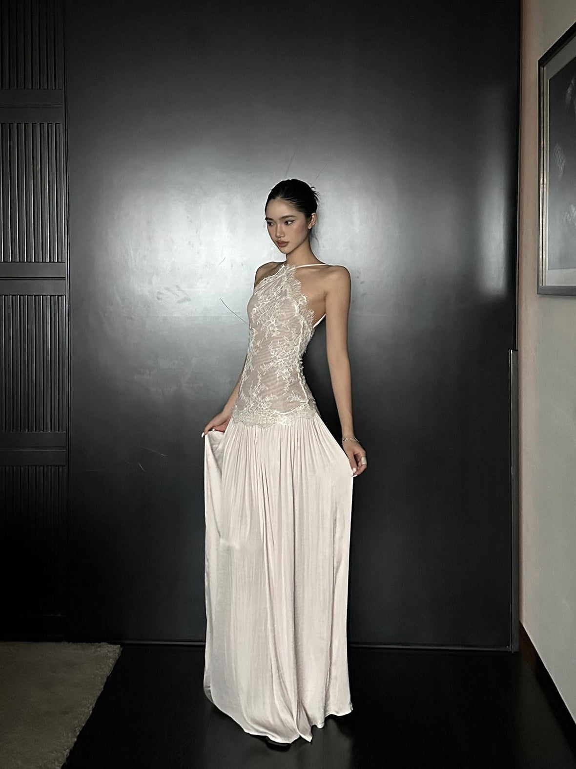rovente Elegant High Waist Lace A Line Cami Knit Dress Date Women Apricot Maxi Desses