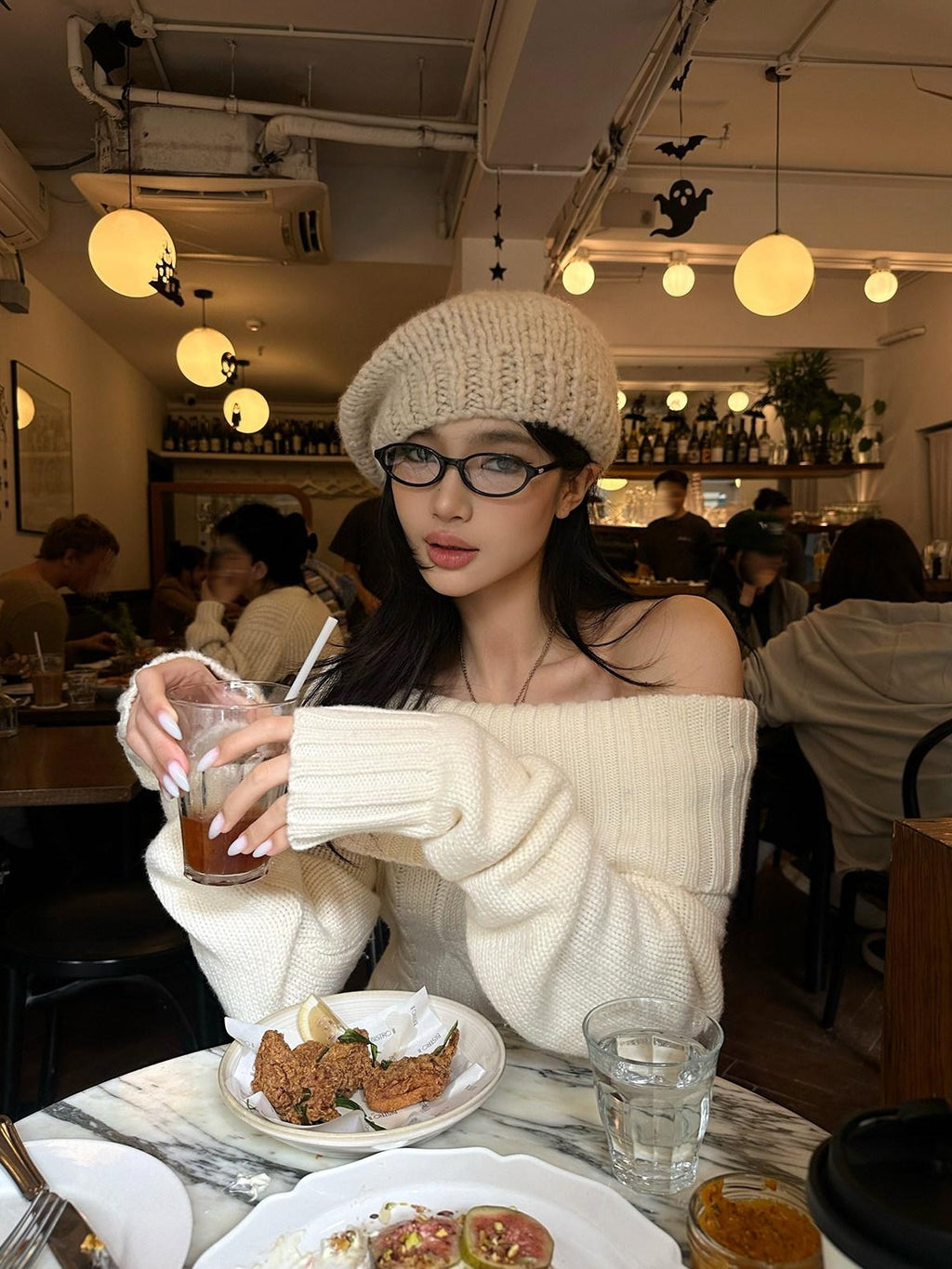 rovente Cozy Knit Off Shoulder Longsleeve Loose Fit Workwear Pullover Almond Mini Desses