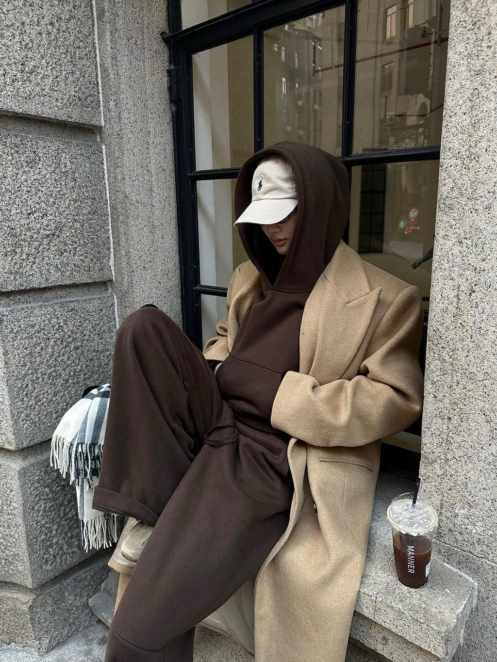rovente Warm Cotton Blend Loose Fit Hooded Two Piece Casual Women Coffee Hoodie