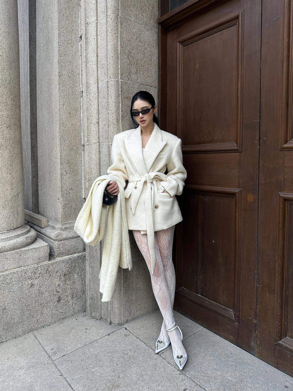 rovente Warm Wool Blend Double Breasted Oversized Commuter Women Ivory Shawl Wool Coats