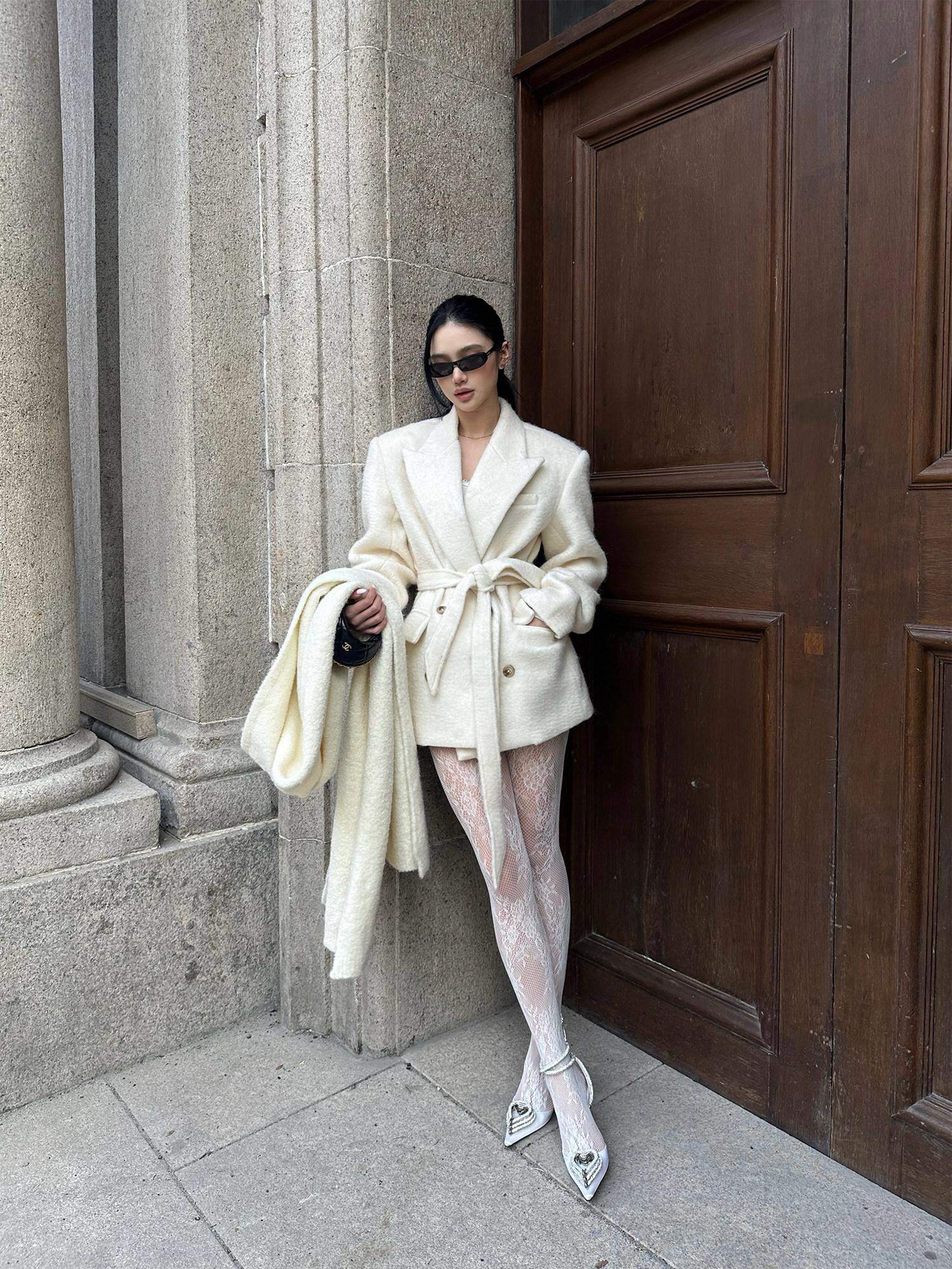 rovente Warm Wool Blend Double Breasted Oversized Commuter Women Ivory Shawl Wool Coats