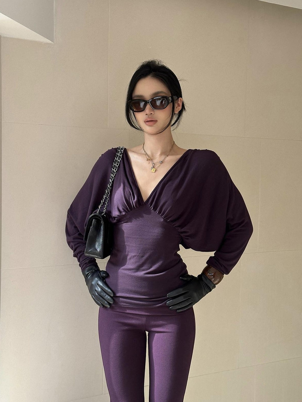 rovente Lyocell Wool Knit Slim V-neck Casual Women Purple Black Top & Pants Sets