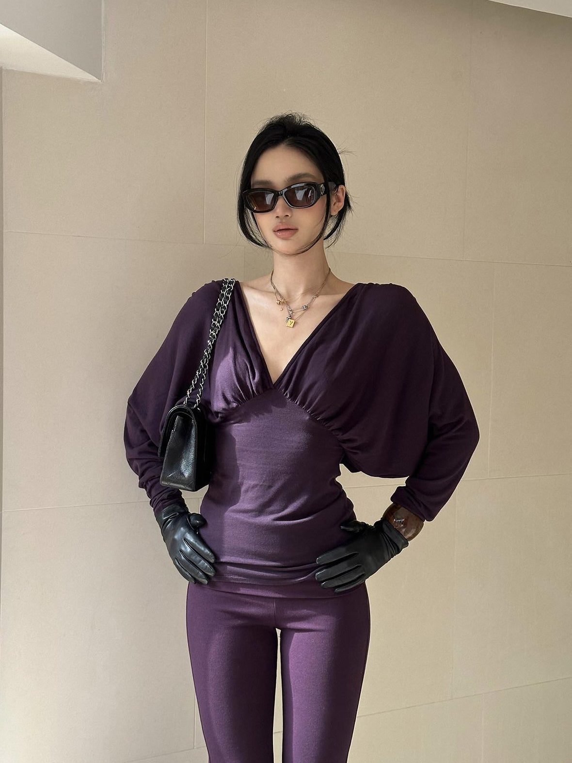 rovente Lyocell Wool Knit Slim V-neck Casual Women Purple Black Top & Pants Sets
