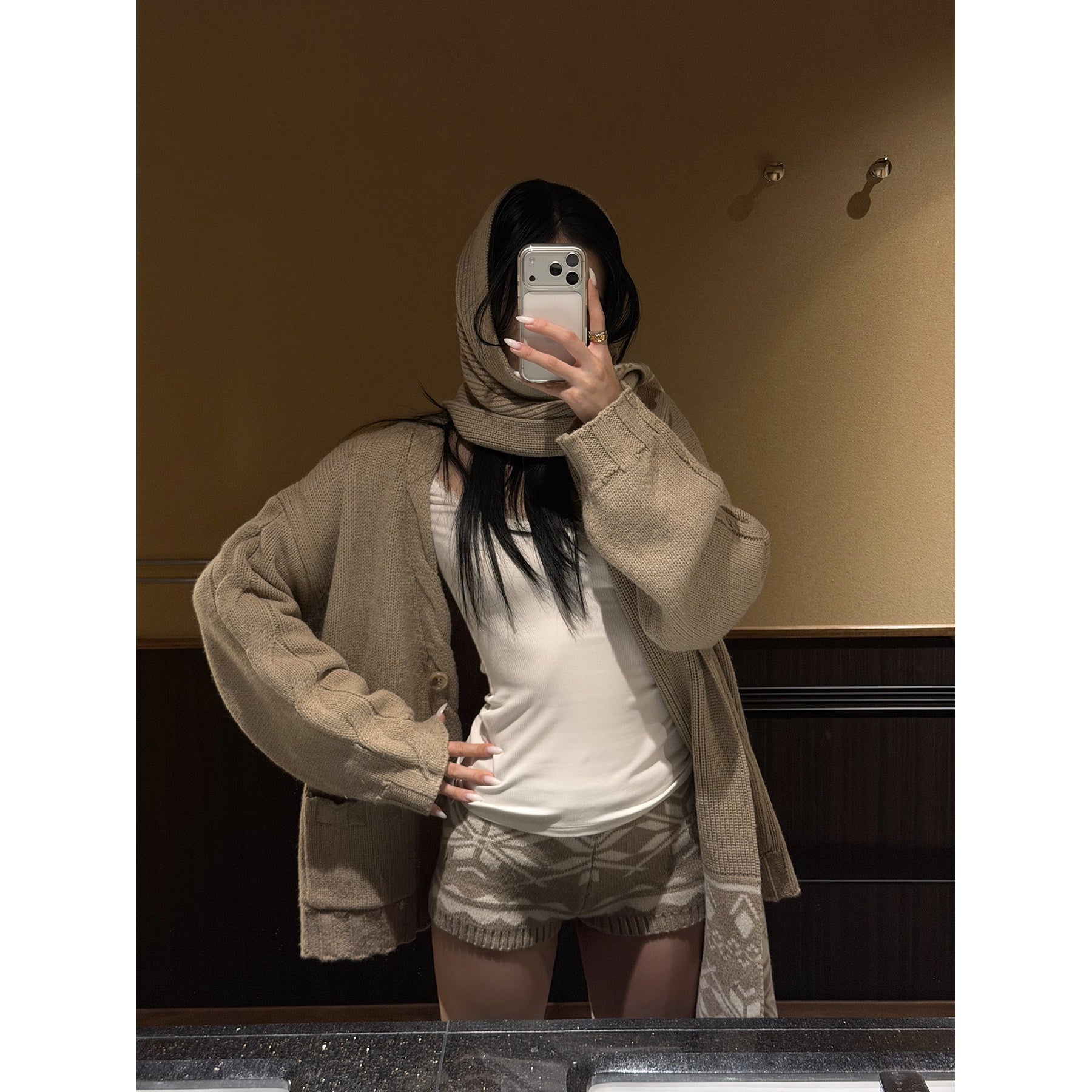 rovente_Warm_Button_Cardigan_Loose_Commuter_Knit_Apricot_Sweater_Shorts_Top_&_Shots_Sets_MISSTT