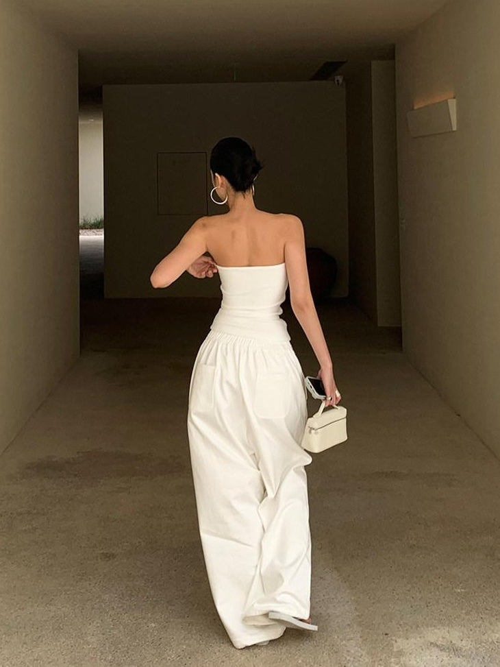 rovente Versatile Low Rise Elastic Waist Cotton White Loose Women Wide Leg Pants