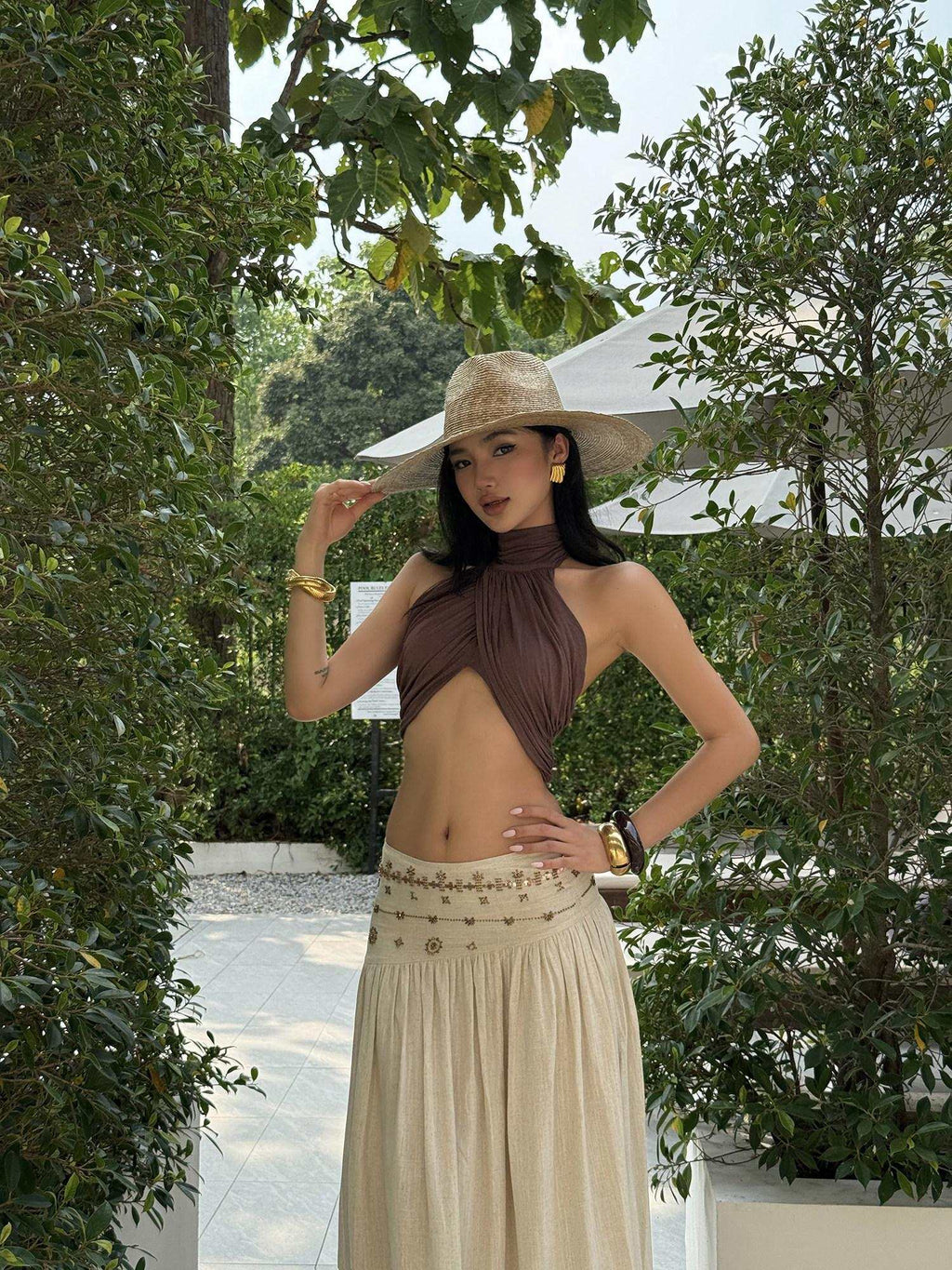 rovente Soft Modal Stretch Slim Halter Neck Cropped Solid Coffee Brown Camisoles