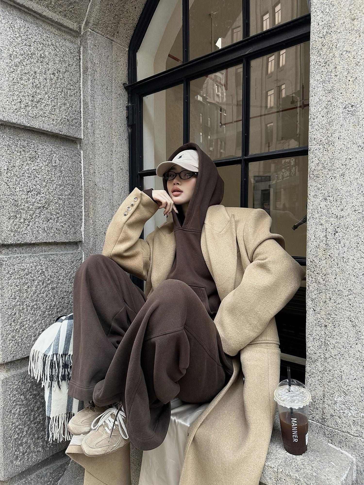 rovente Warm Cotton Blend Loose Fit Hooded Two Piece Casual Women Coffee Hoodie
