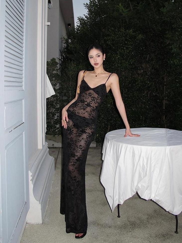 rovente Elegant High Waist V-neck Sleeveless Bodycon Travel Black Stretch Maxi Desses
