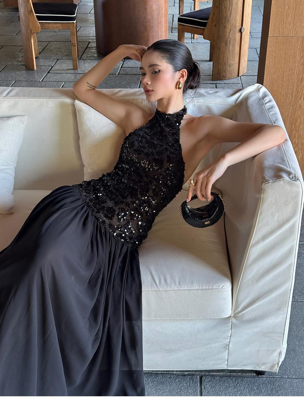 rovente test Shimmer Sequin Halter Neck Natural Waist Banquet Black Stretch Maxi Dresses