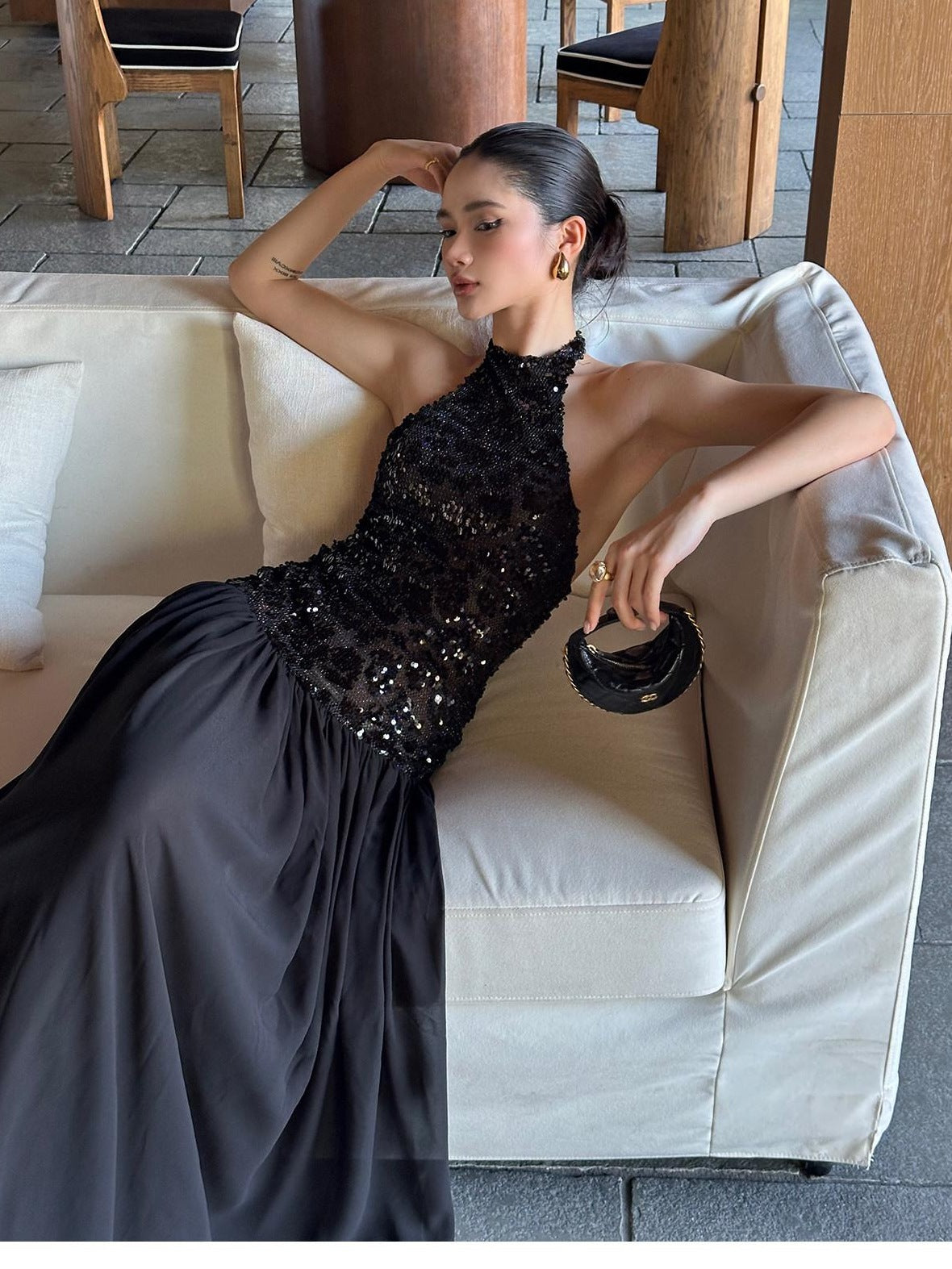 rovente test Shimmer Sequin Halter Neck Natural Waist Banquet Black Stretch Maxi Dresses