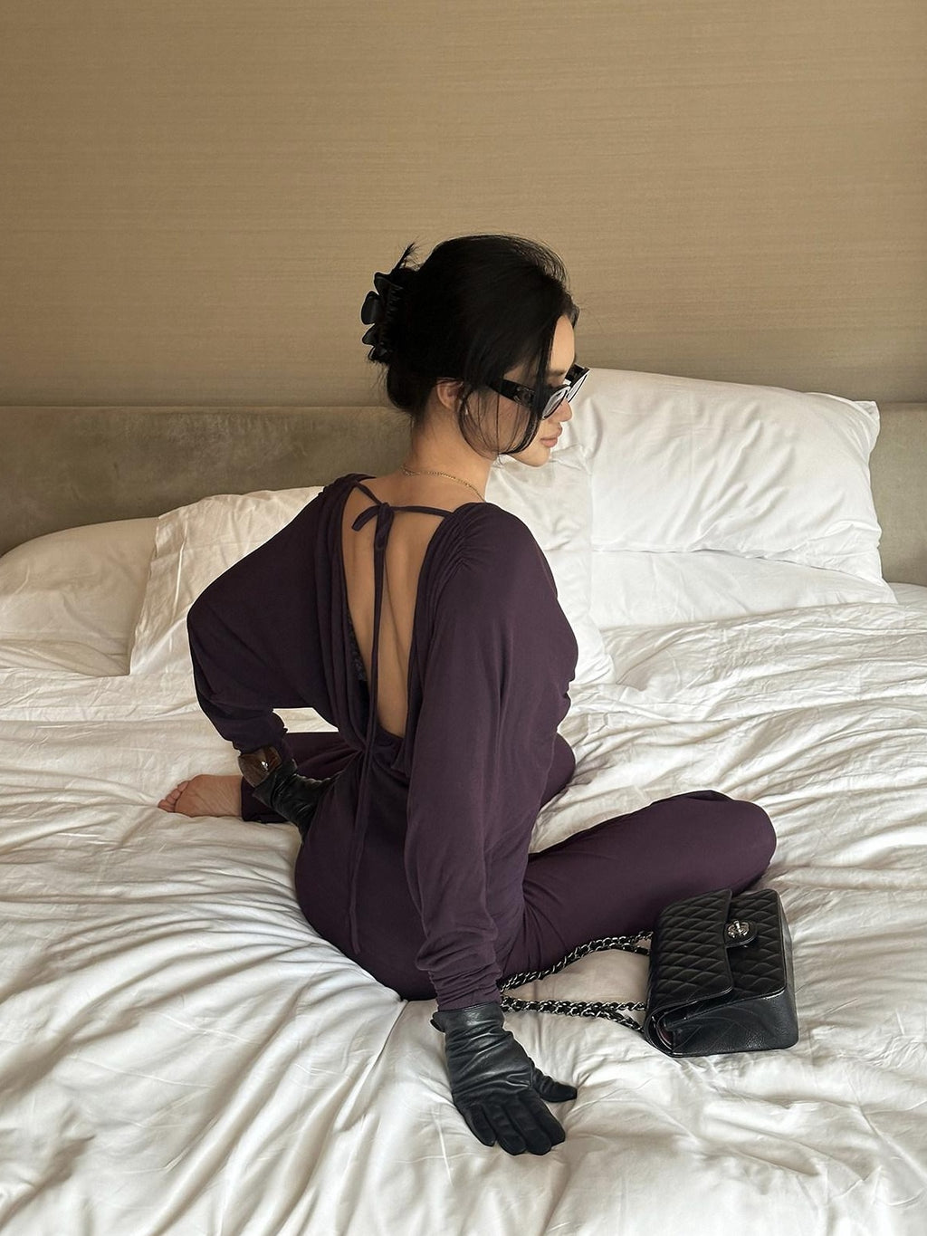 rovente Lyocell Wool Knit Slim V-neck Casual Women Purple Black Top & Pants Sets