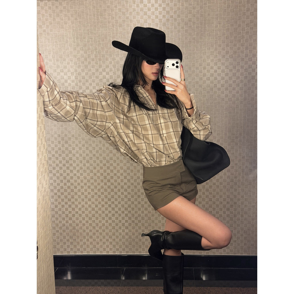 rovente_Simple_Loose_Fit_V-neck_Long_Sleeve_Cotton_Plaid_Tie_Front_Women_Shits_MISSTT