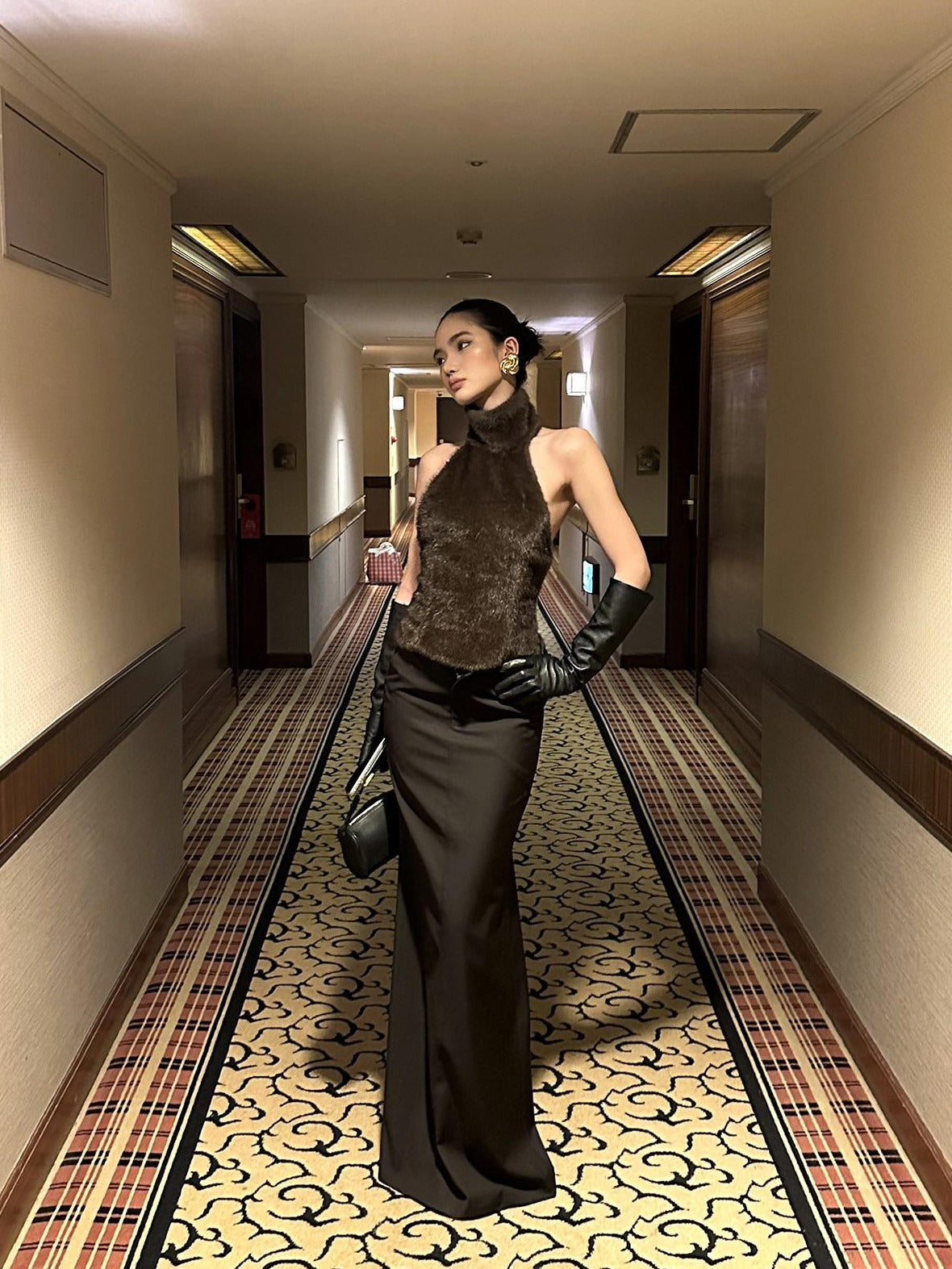 rovente Lined Back Slit Minimalist Low Waist Pencil Skirt With Pockets Brown Maxi Skits