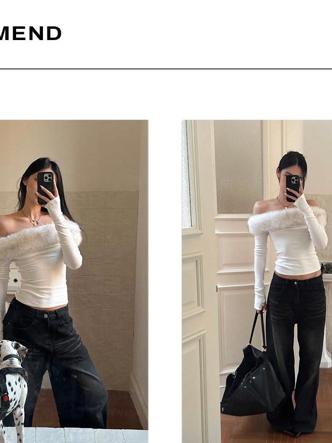 rovente Soft Stretch Knit Slim Fit Casual Long Sleeve White Women Off Shoulde Cop Tops