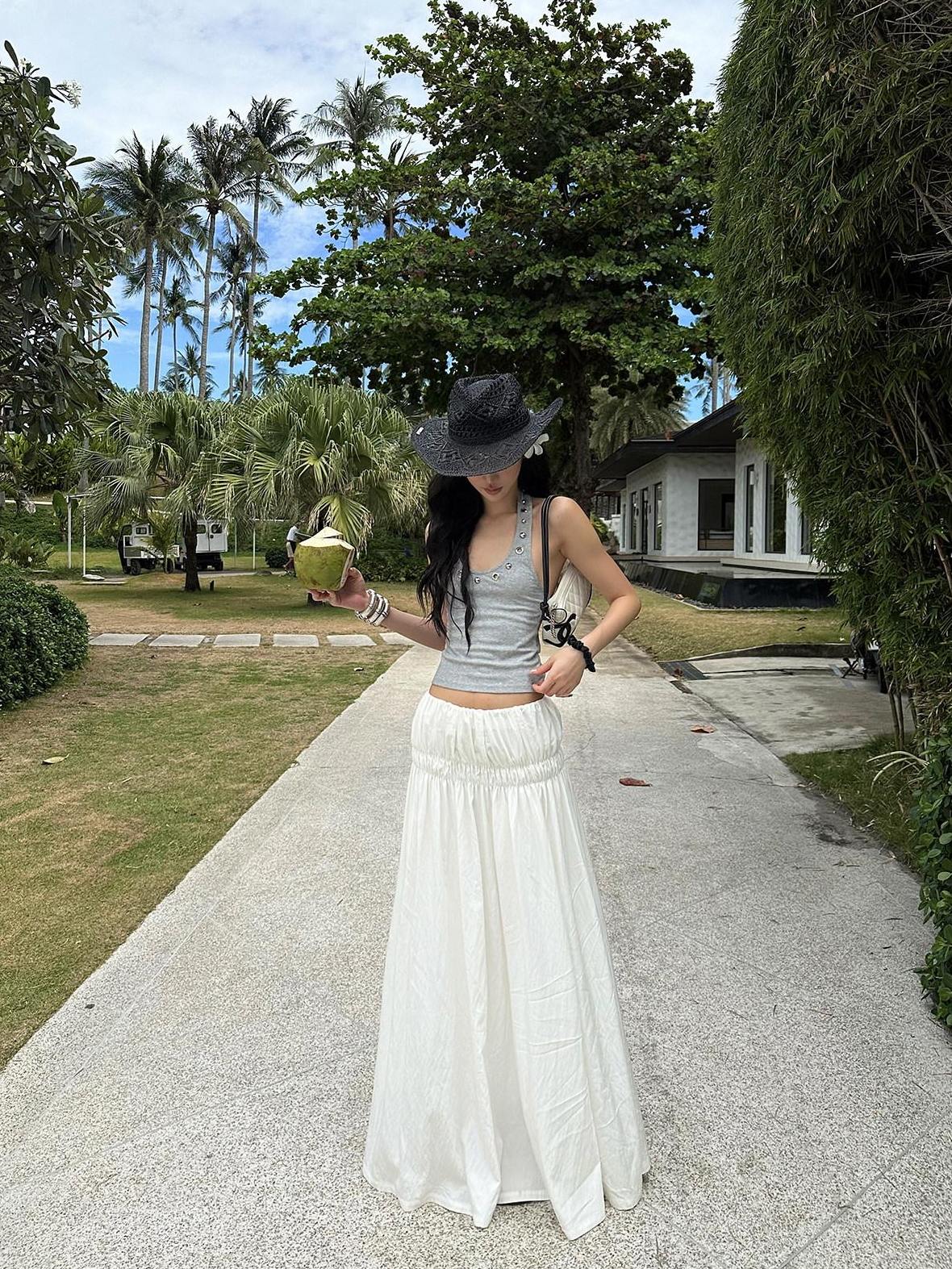 rovente Low Waist Cotton Nylon Versatile Loose H Line Mid Length White Maxi Skits