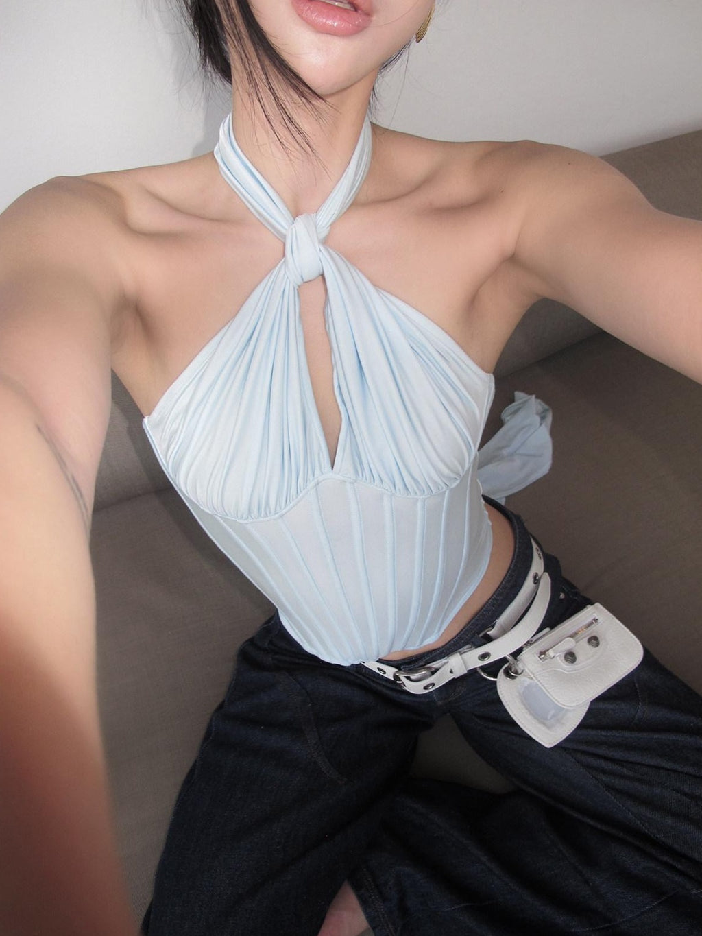 rovente Built In Padding Sexy Halter Slim Fit Women Blue Nylon Spandex Halte Cop Tops