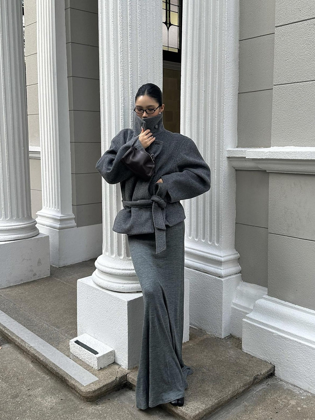 rovente Warm Thick Stand Collar Loose Korean Pocket Women Dark Gray Wool Coats