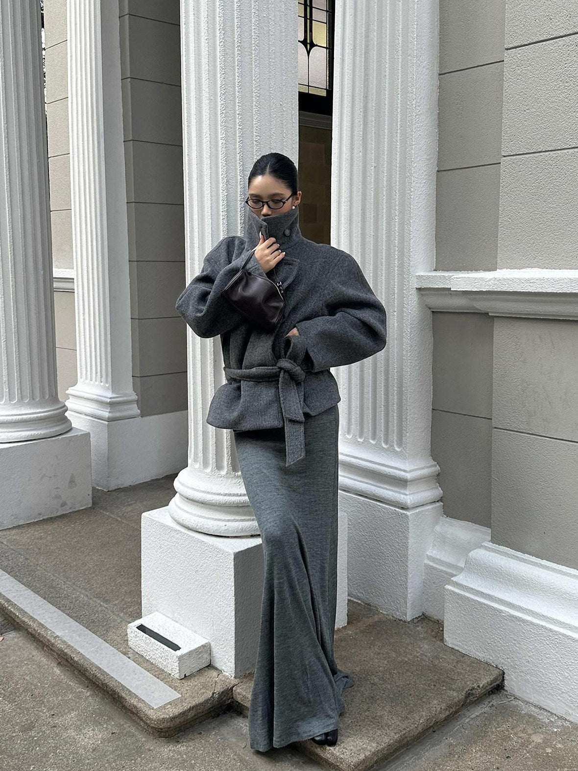 rovente Warm Thick Stand Collar Loose Korean Pocket Women Dark Gray Wool Coats