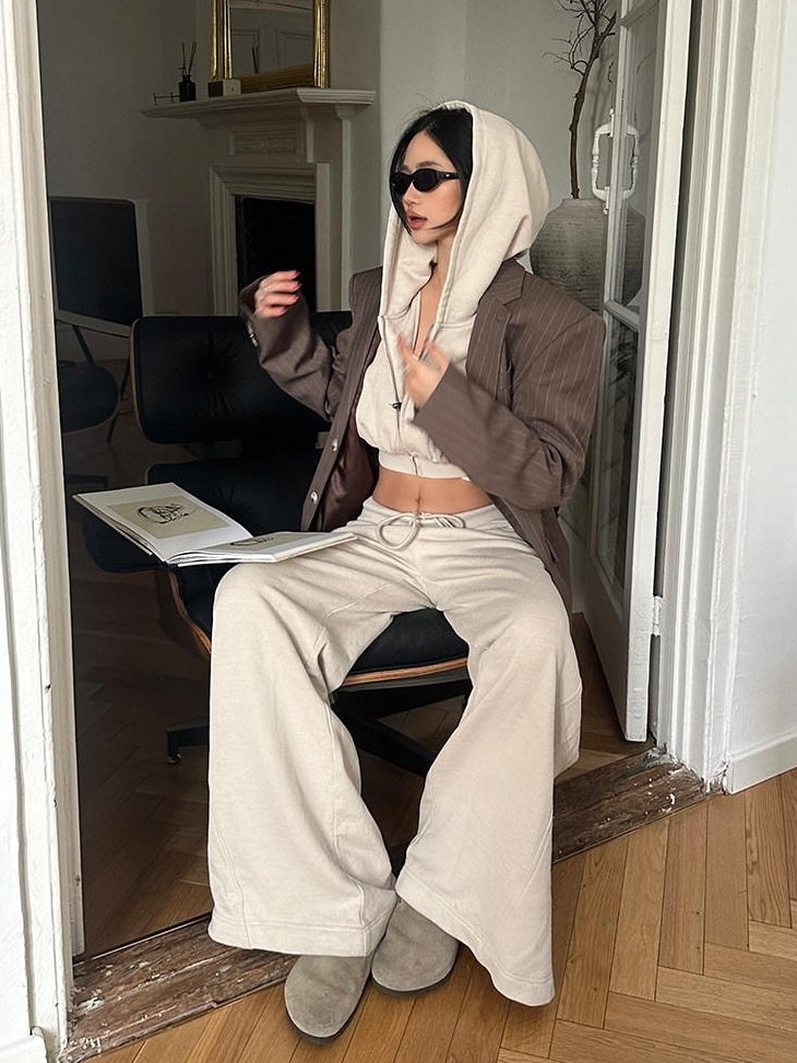 rovente High Waist Cropped Hooded Zipper Cotton Khaki Women Long Sleeve Cop Tops