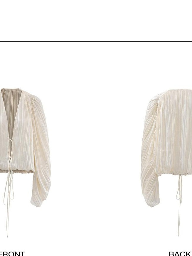 rovente Breathable Elegant V-neck Tie Cardigan Women White Long Sleeve Cop Tops