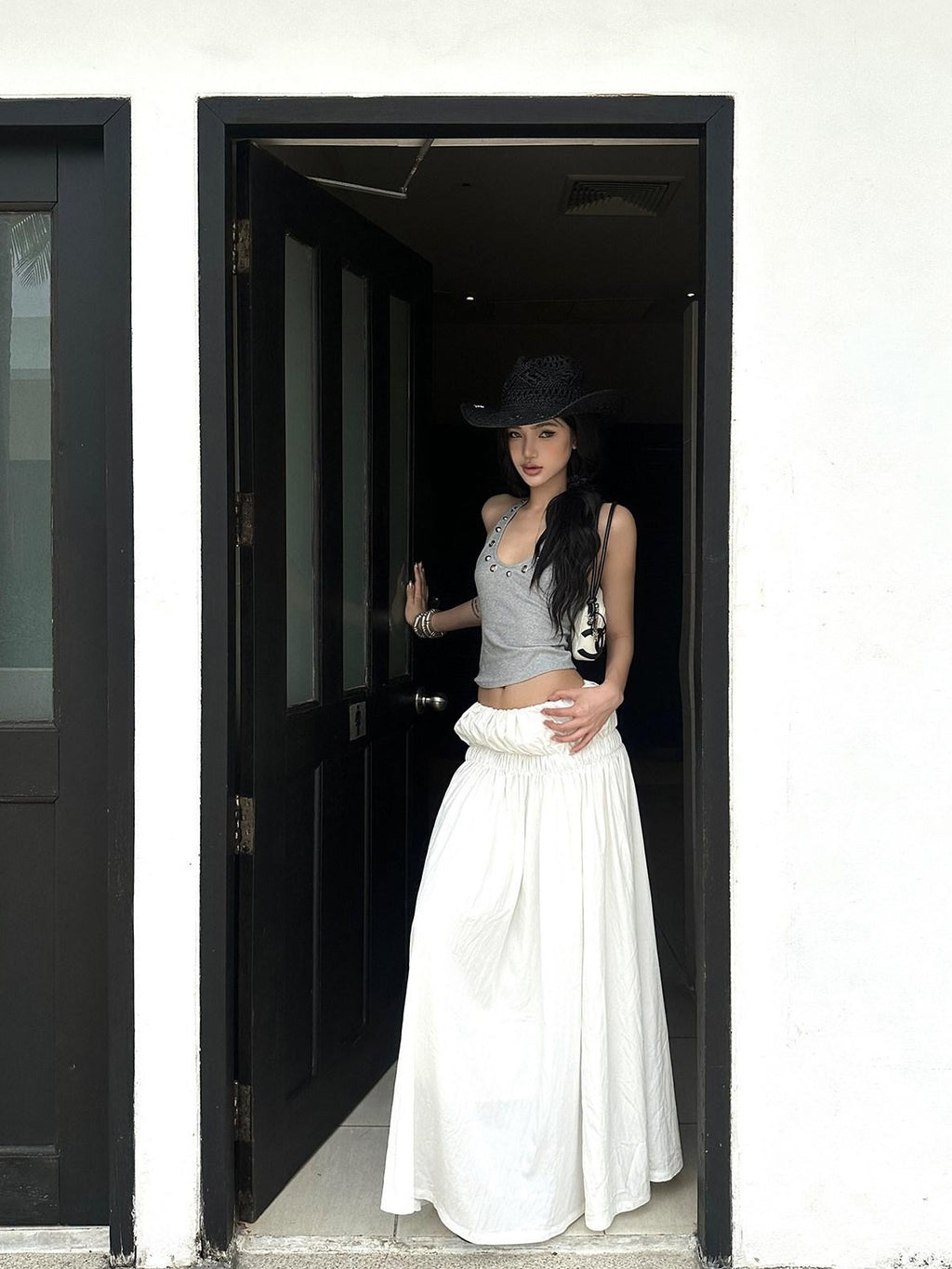 rovente Low Waist Cotton Nylon Versatile Loose H Line Mid Length White Maxi Skits