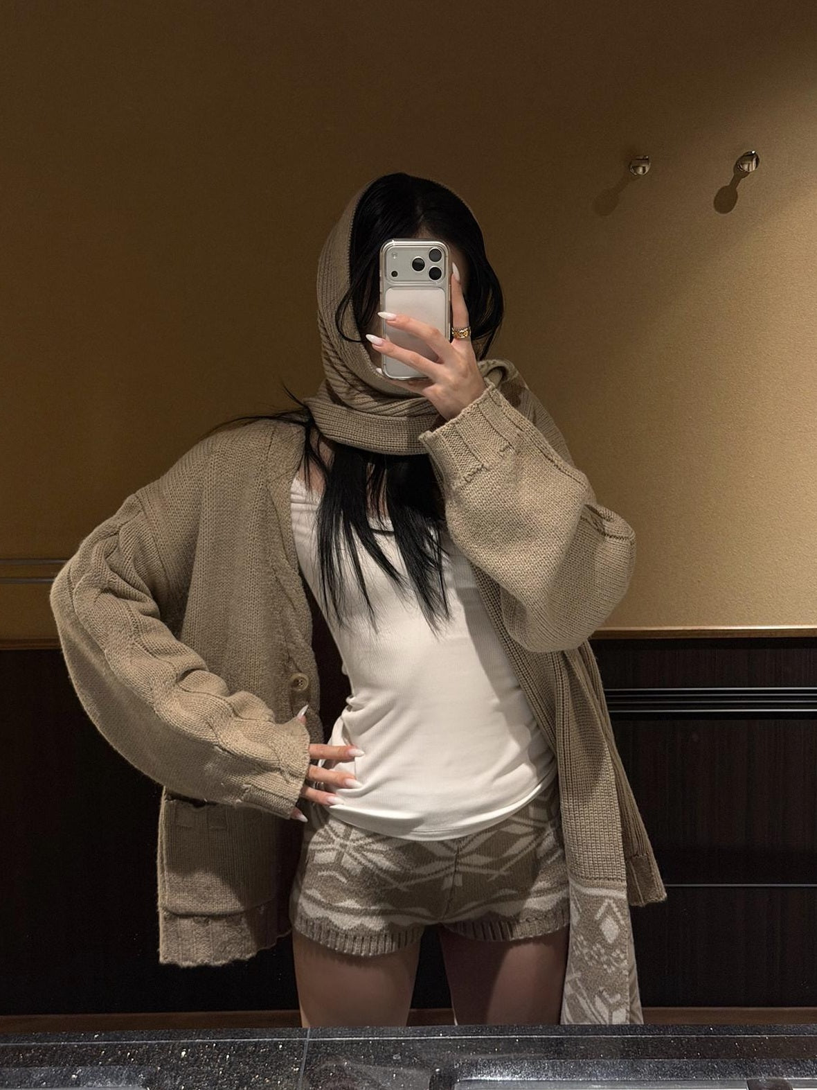 rovente Warm Button Cardigan Loose Commuter Knit Apricot Sweater Shorts Top & Shots Sets