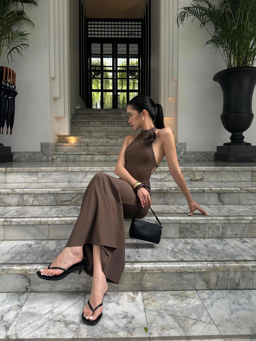 rovente Soft Knit Halter Cinched Waist Mermaid Bodycon Evening Maxi Desses