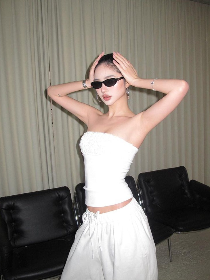 rovente Sparkling Sequin Versatile Slim Fit White Polyester For Women Tube Tops