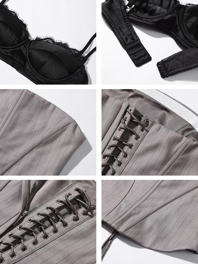 rovente Lace Trim Slim Fit Striped Zipper Women Travel Daily Polyester Camisoles