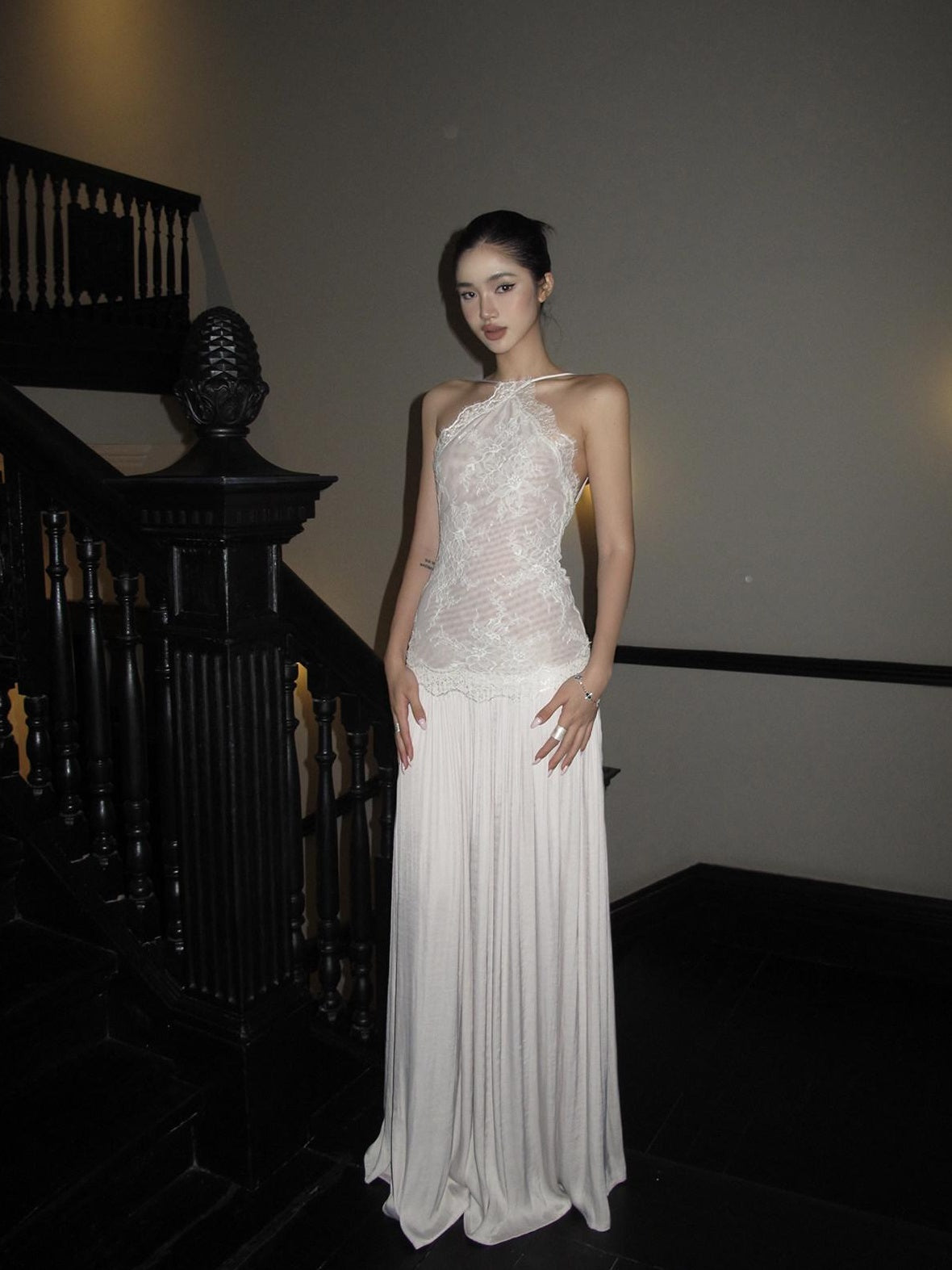 rovente test Elegant Lace High Waist Nylon A Line Date Night Beige Maxi Dresses