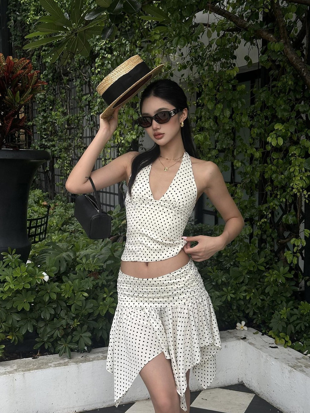 rovente Sexy Polka Dot V-neck Zipper White Cami Skirt Two Piece Top & Skit Sets