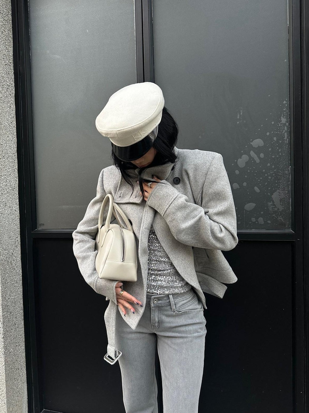 rovente Wool Blend Warm Minimal Loose Commuter Double Breasted Stand Collar Shot Coat