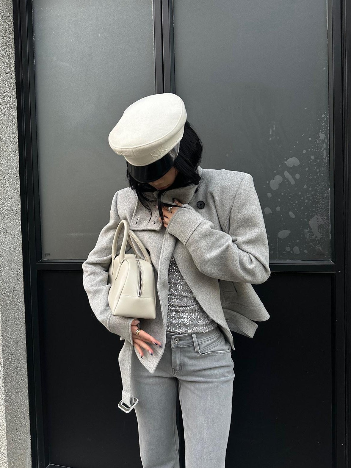 rovente Wool Blend Warm Minimal Loose Commuter Double Breasted Stand Collar Shot Coat