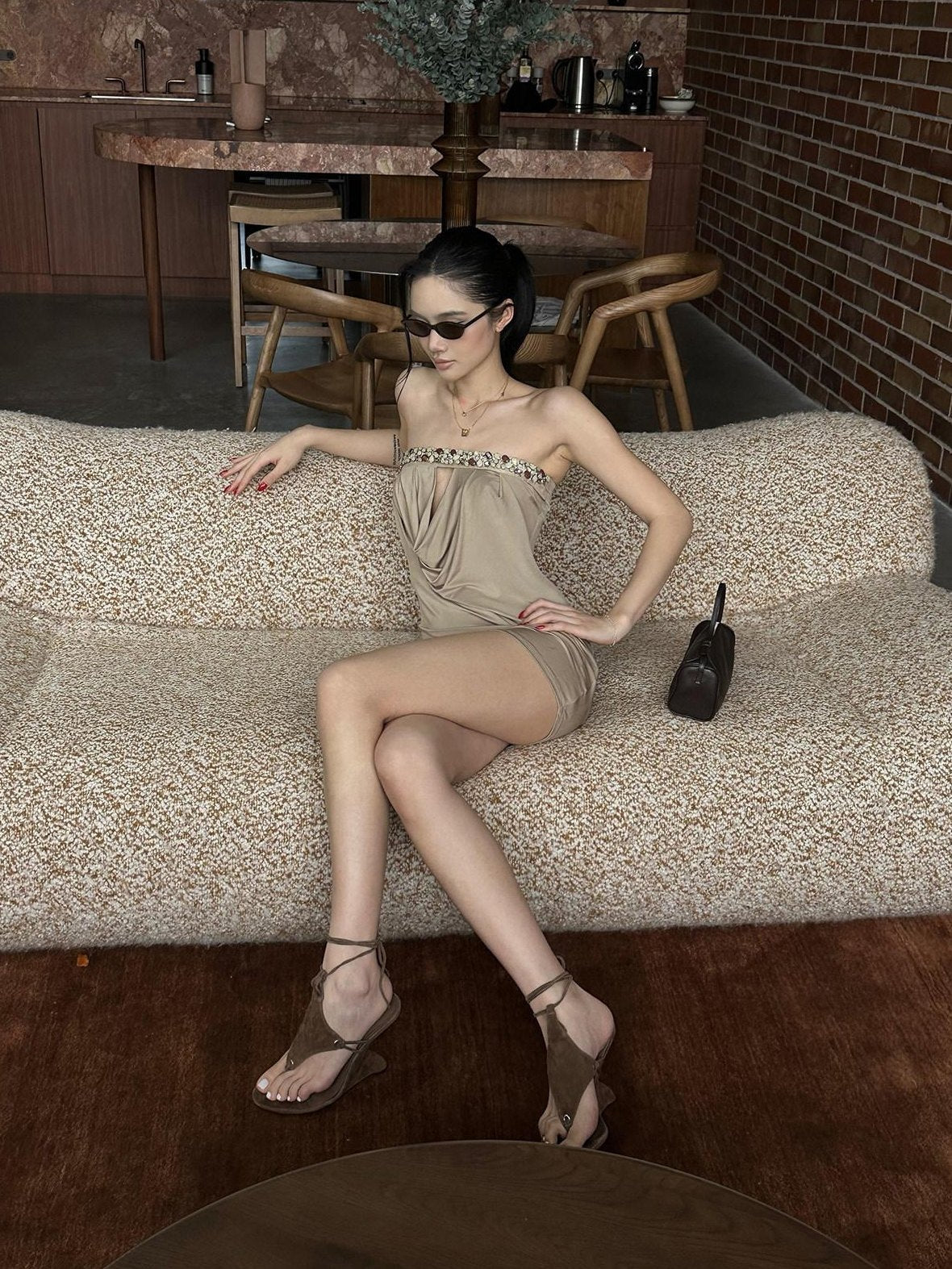 rovente Elegant Embellished Strapless Bodycon Knit Party Travel Khaki Mini Desses