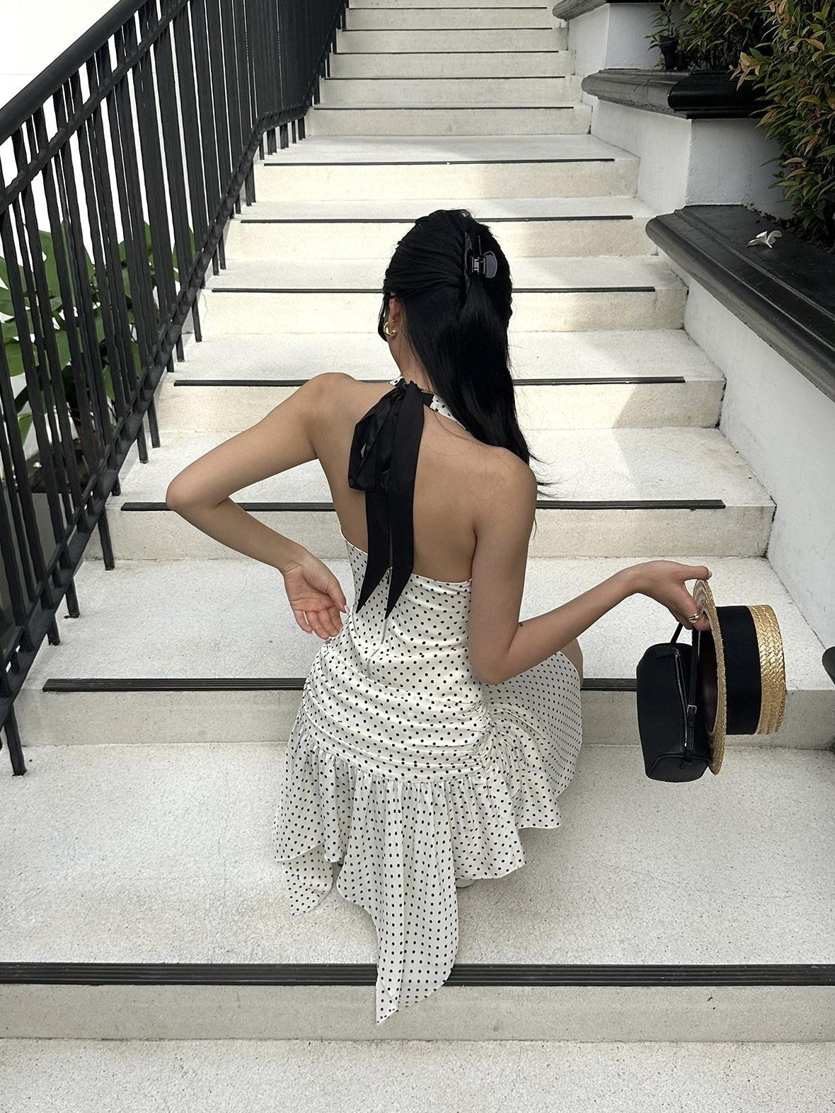 rovente Sexy Polka Dot V-neck Zipper White Cami Skirt Two Piece Top & Skit Sets
