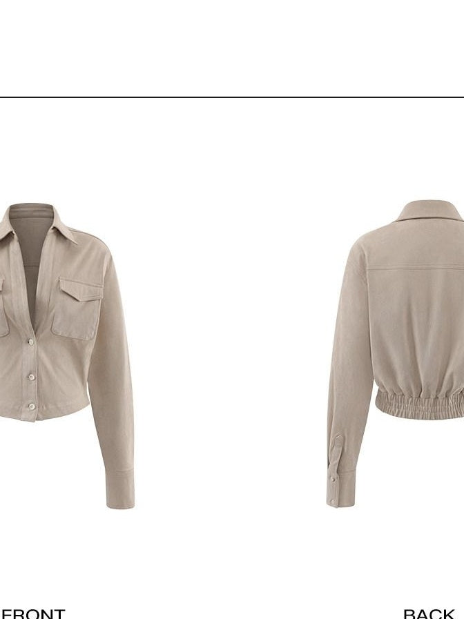 rovente Cropped Button Front Lapel Cardigan Casual Long Sleeve Patch Pocket Shits