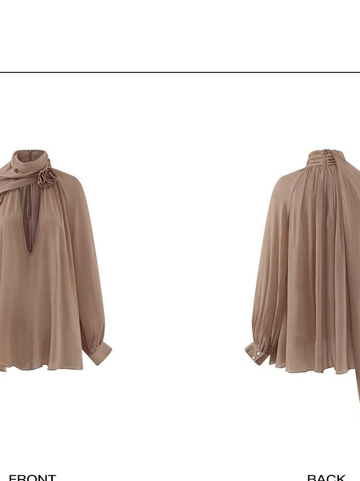 rovente Elegant V-neck Loose Fit Long Sleeve Nude Woven Zipper Women Party Blouses