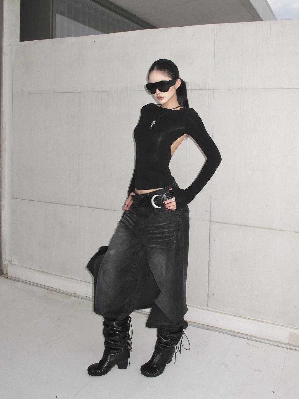 rovente Elegant Slim Backless Knit Acetate Pullover Women Black Long Sleeve T-Shits