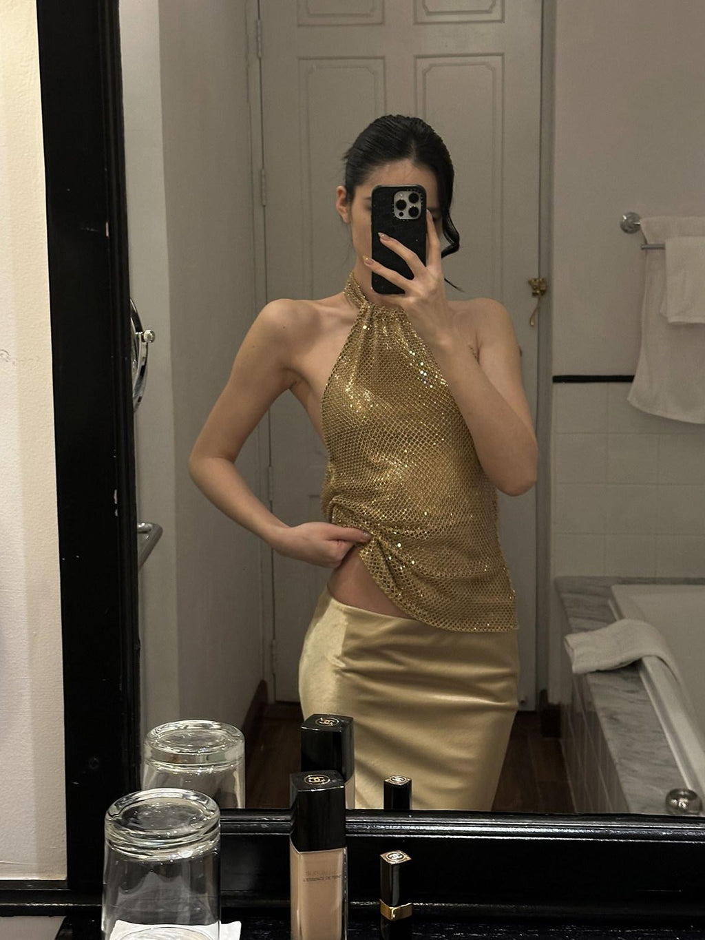 rovente Elegant Slim Gold Halter 3D Decor Women Party Tank Halte Cop Tops