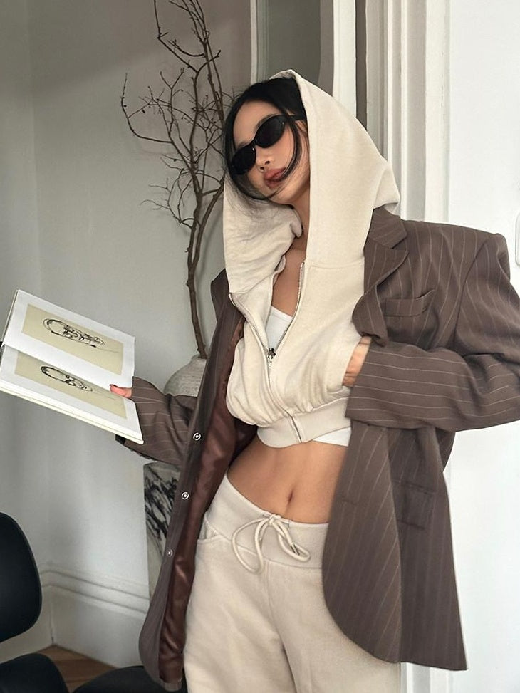 rovente High Waist Cropped Hooded Zipper Cotton Khaki Women Long Sleeve Cop Tops