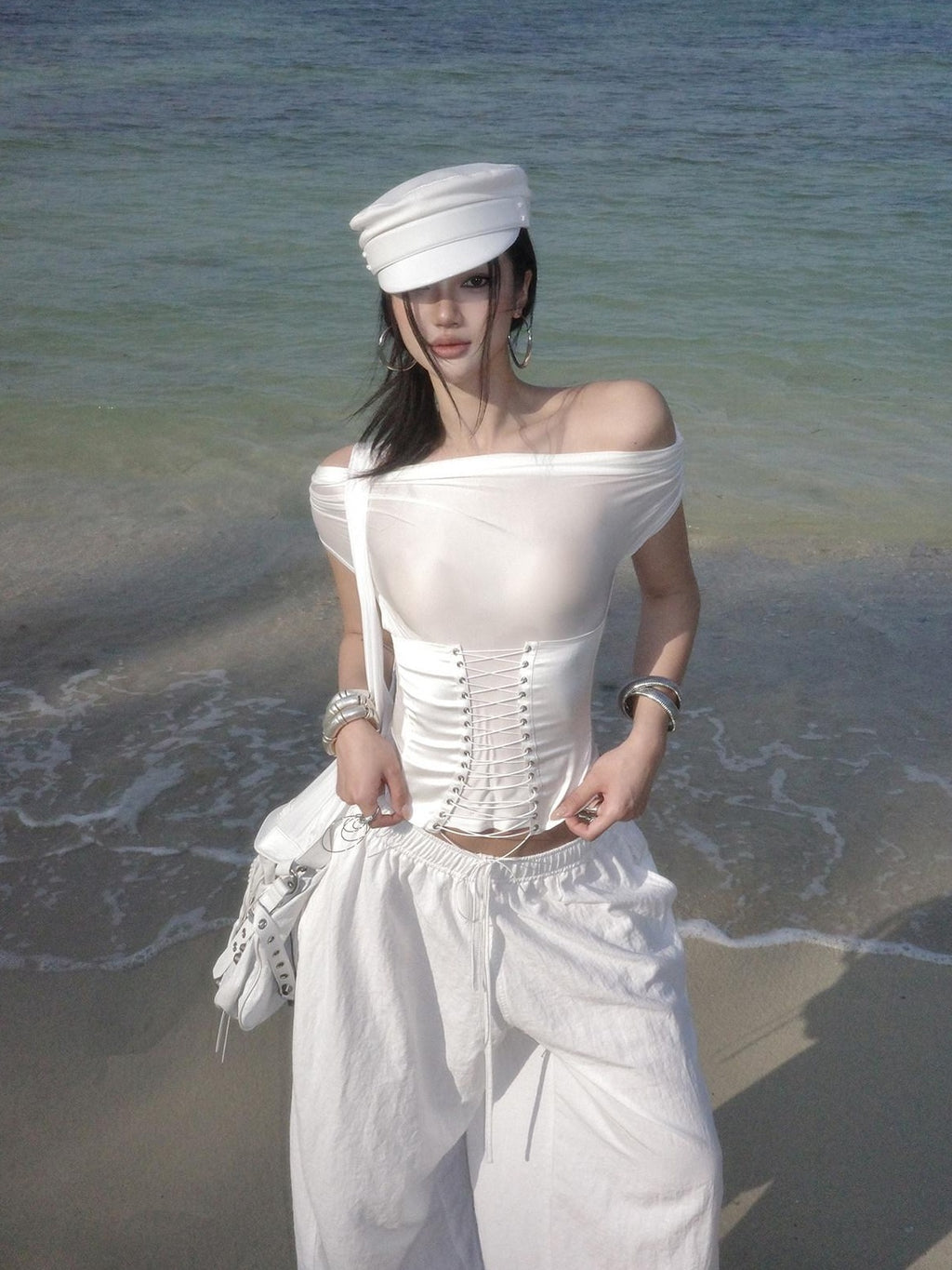 rovente Sexy Slim Tie Front Cropped White Bardot Top Women Travel Off Shoulde Cop Tops