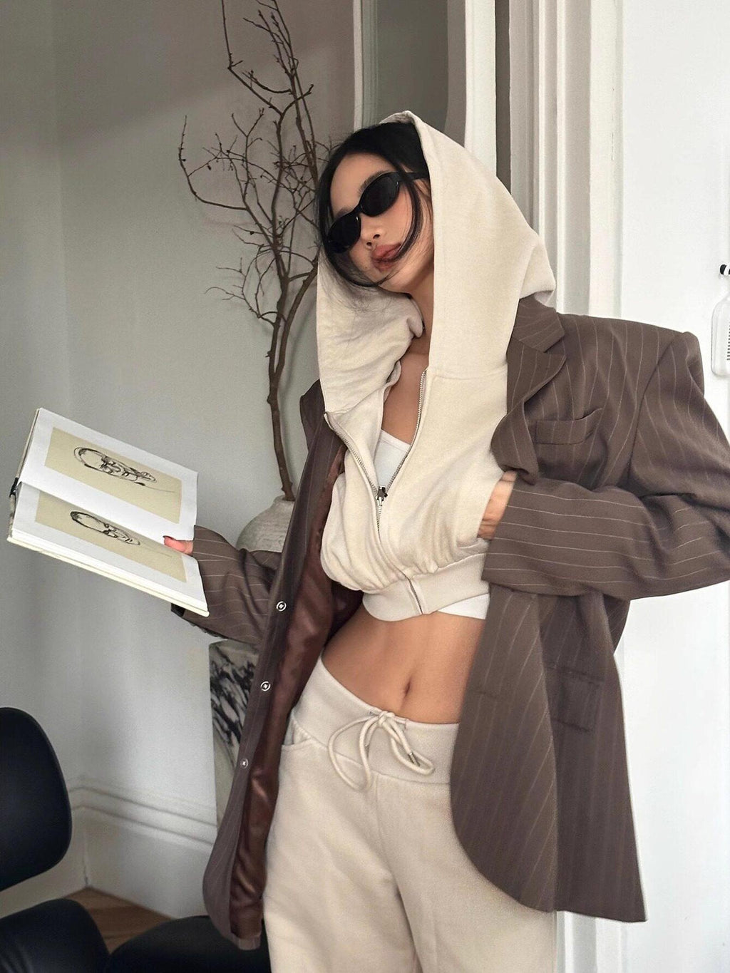 rovente High Waist Cropped Hooded Zipper Cotton Khaki Women Long Sleeve Cop Tops