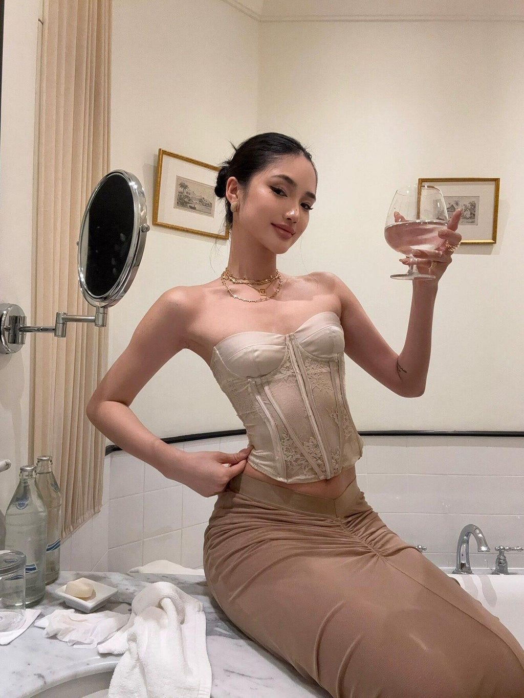 rovente Lace Trim Slim Fit Cropped Pullover Versatile Nylon Spandex Champagne Tube Tops